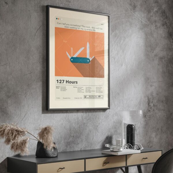 Mid-century modern style poster of 127 Hours movie featuring house design