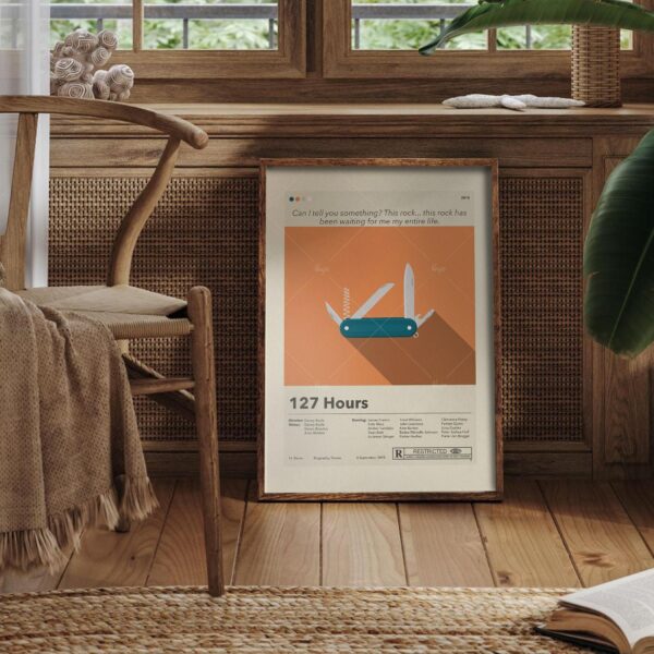 Mid-century modern style poster of 127 Hours movie featuring house design
