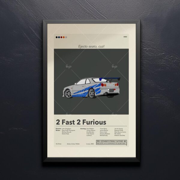 Mid-century modern style 2 Fast 2 Furious movie poster with house illustration