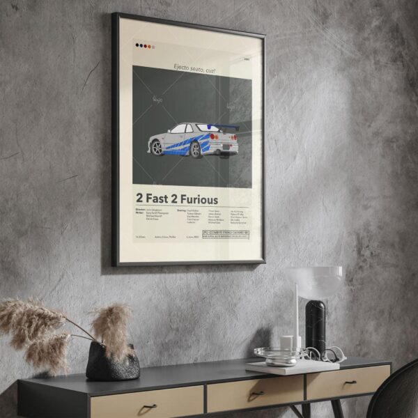 Mid-century modern style 2 Fast 2 Furious movie poster with house illustration