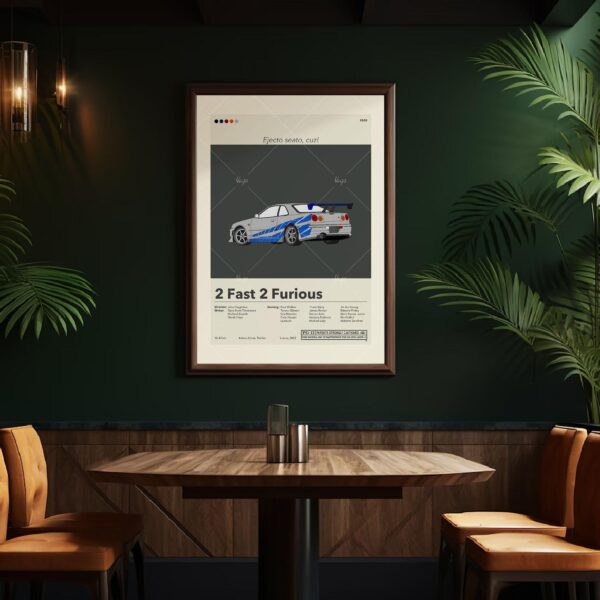 Mid-century modern style 2 Fast 2 Furious movie poster with house illustration
