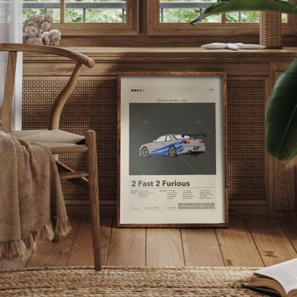 Mid-century modern style 2 Fast 2 Furious movie poster with house illustration