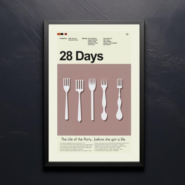 Mid-century modern poster featuring 28 Days movie with house illustration