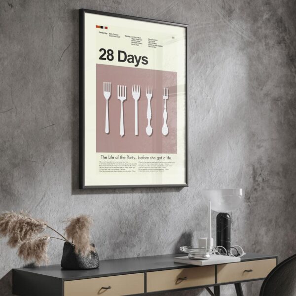 Mid-century modern poster featuring 28 Days movie with house illustration