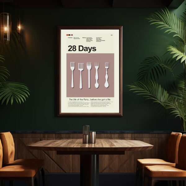 Mid-century modern poster featuring 28 Days movie with house illustration