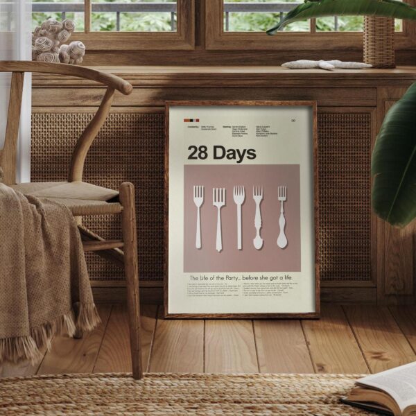 Mid-century modern poster featuring 28 Days movie with house illustration