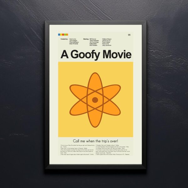 Mid-century modern style poster of A Goofy Movie with retro furniture