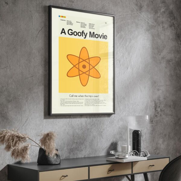 Mid-century modern style poster of A Goofy Movie with retro furniture