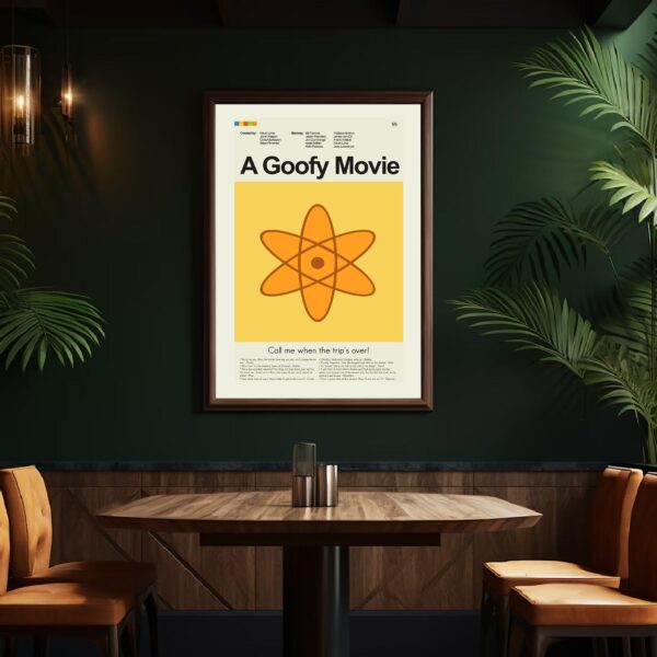 Mid-century modern style poster of A Goofy Movie with retro furniture