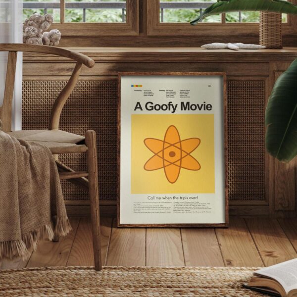 Mid-century modern style poster of A Goofy Movie with retro furniture