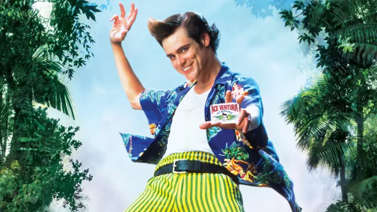 Mid-century style movie poster of Ace Ventura with bold retro colors