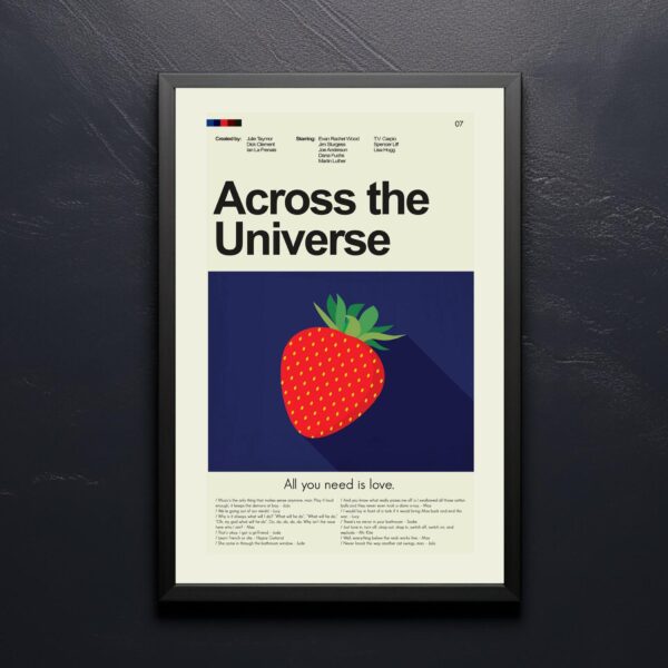 Mid-century modern Across the Universe movie poster with graphic design elements