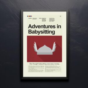 Mid-century modern poster of Adventures in Babysitting with house illustration