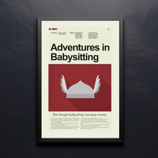 Mid-century modern poster of Adventures in Babysitting with house illustration