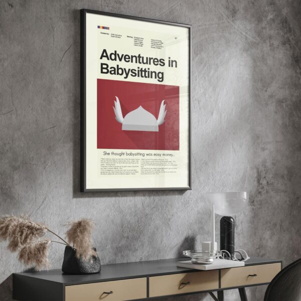 Mid-century modern poster of Adventures in Babysitting with house illustration