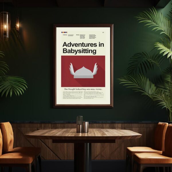 Mid-century modern poster of Adventures in Babysitting with house illustration