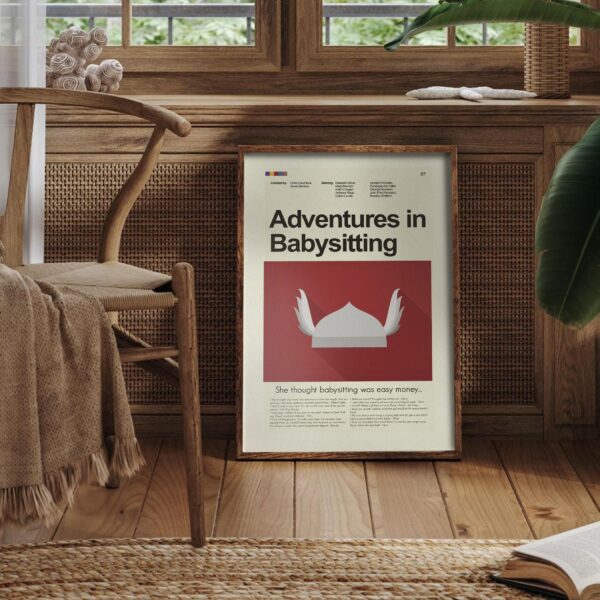 Mid-century modern poster of Adventures in Babysitting with house illustration
