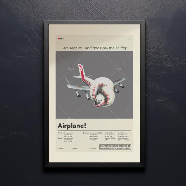 Mid-century modern Airplane! movie poster with retro typography and graphics