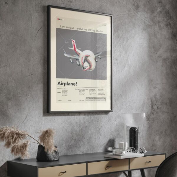 Mid-century modern Airplane! movie poster with retro typography and graphics