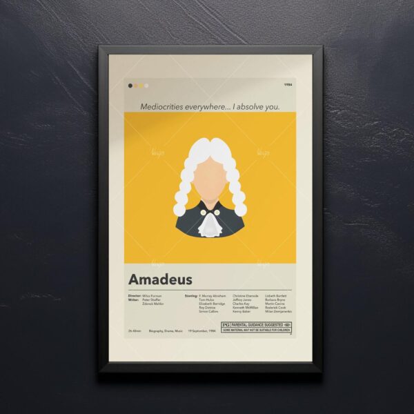 Amadeus movie poster with mid-century modern graphic design style