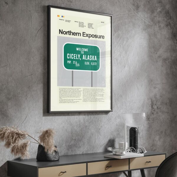 Mid-century modern poster of America's Wild Border Northern Exposure movie design