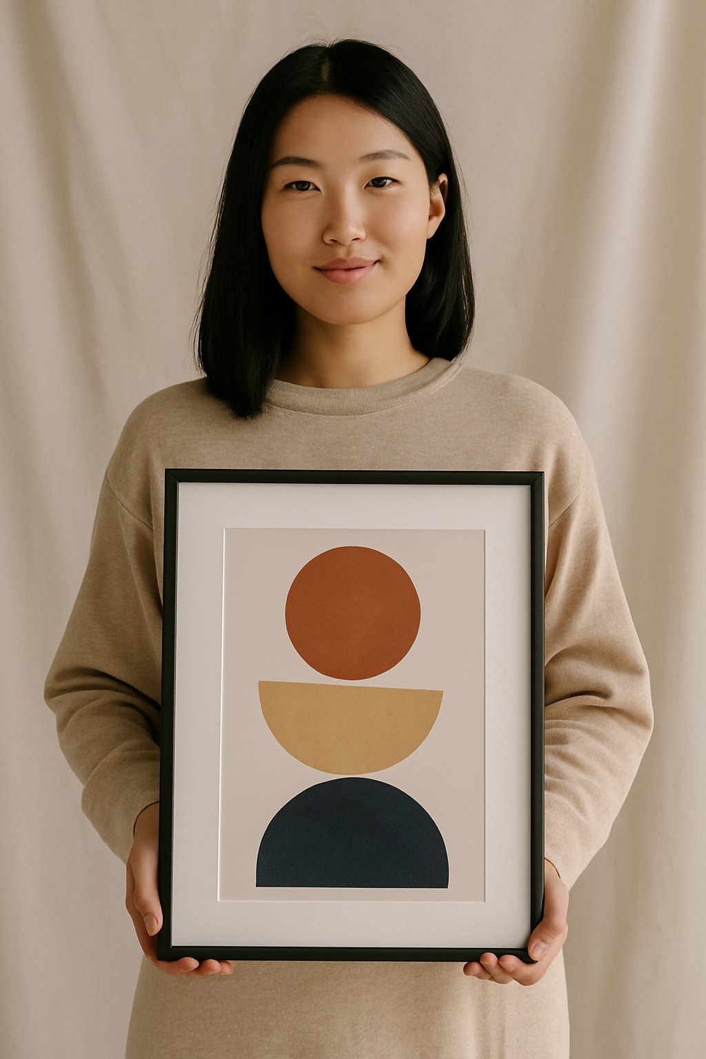 Portrait of a young Asian woman holding a framed mid-century modern poster with geometric shapes