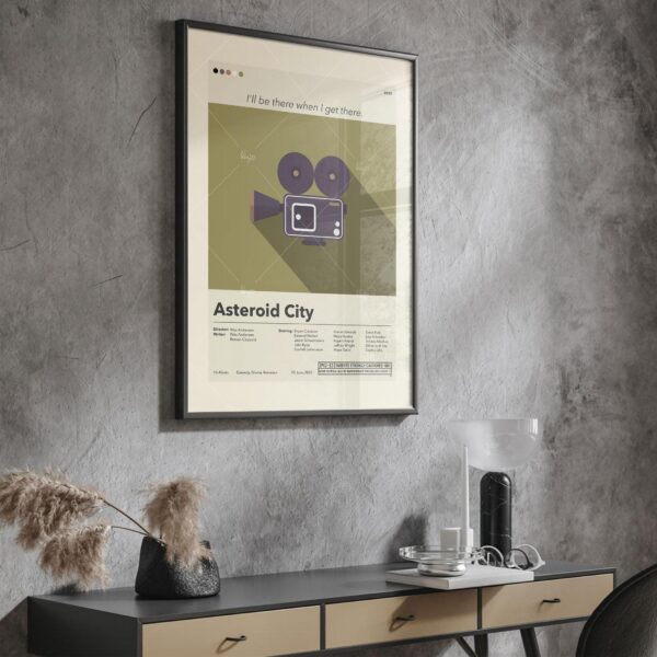 Mid-century modern Asteroid City movie poster in vintage style