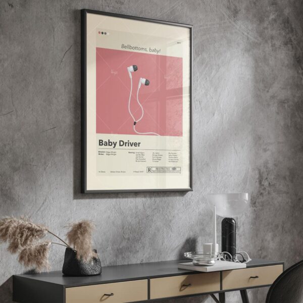 Mid-century modern Baby Driver movie poster with vintage furniture design