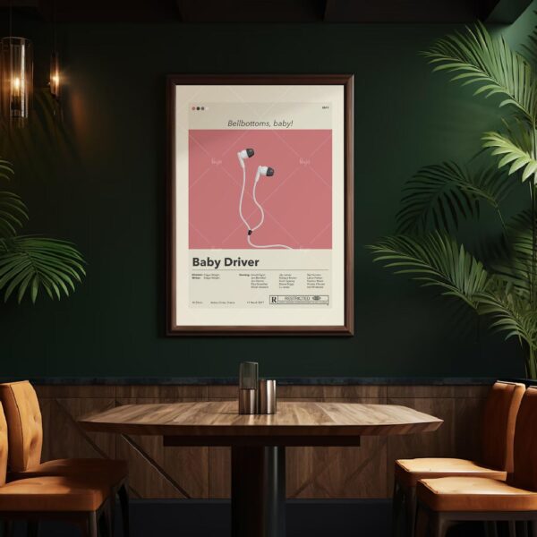 Mid-century modern Baby Driver movie poster with vintage furniture design
