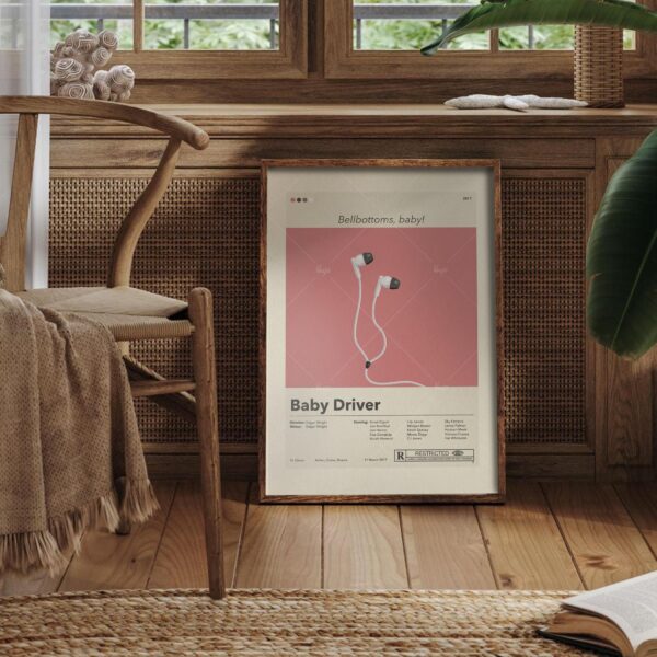 Mid-century modern Baby Driver movie poster with vintage furniture design