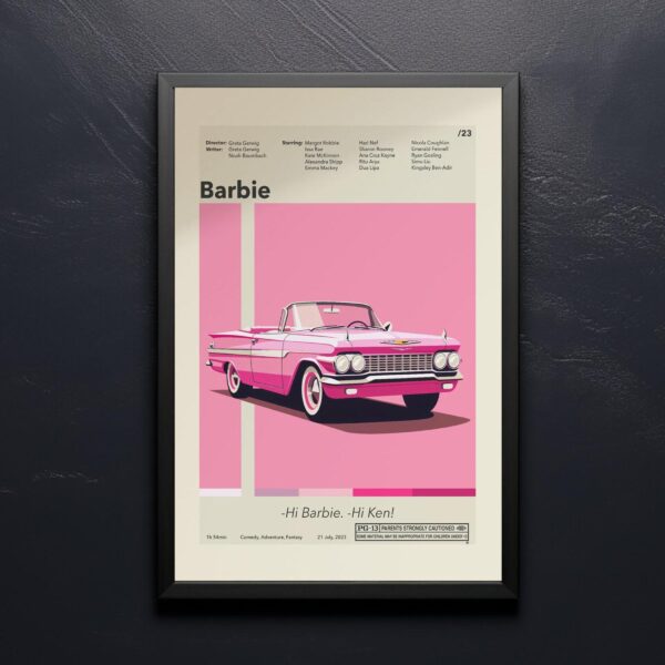 Mid-century modern poster of Barbie movie with stylish house illustration
