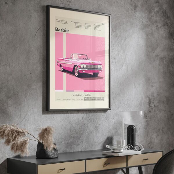 Mid-century modern poster of Barbie movie with stylish house illustration