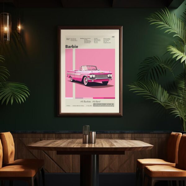 Mid-century modern poster of Barbie movie with stylish house illustration