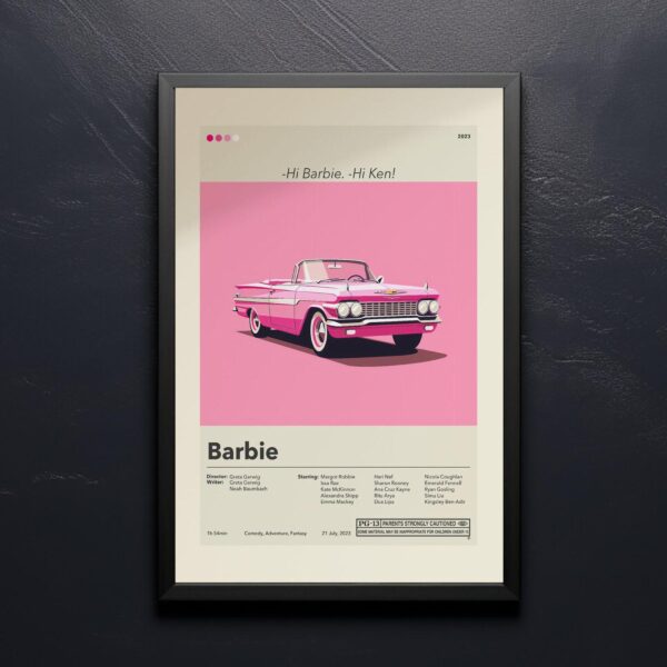 Mid-century modern Barbie movie poster art with retro design and colors