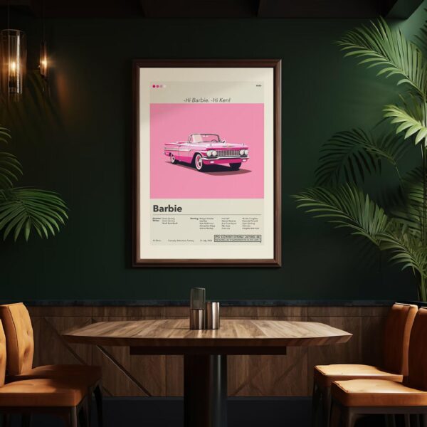 Mid-century modern Barbie movie poster art with retro design and colors