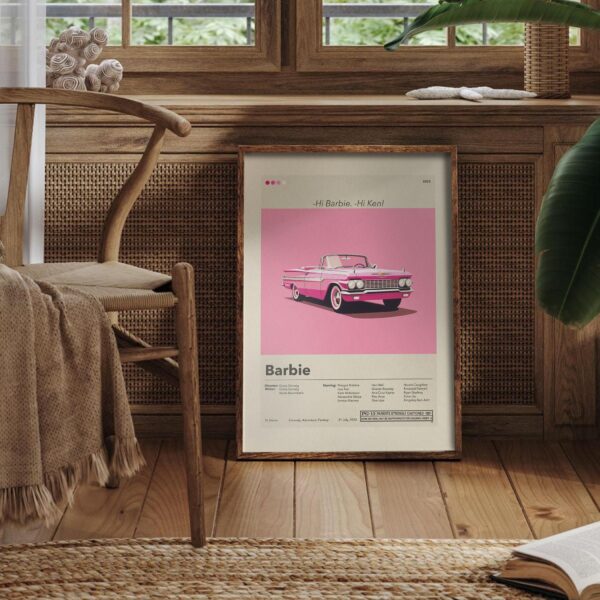 Mid-century modern Barbie movie poster art with retro design and colors