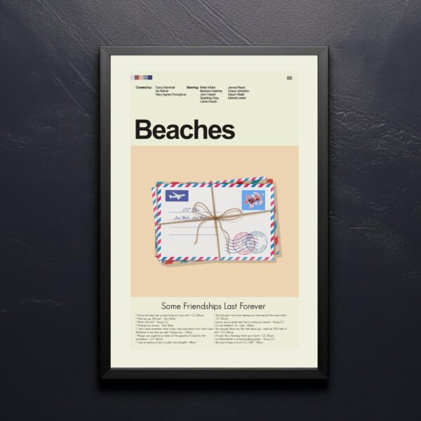 Mid-century modern poster of Beaches movie featuring a stylized house by the beach