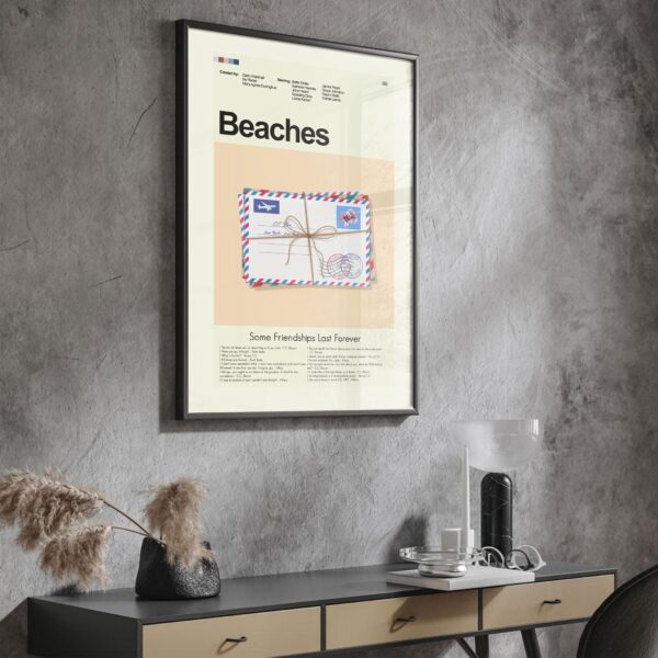 Mid-century modern poster of Beaches movie featuring a stylized house by the beach