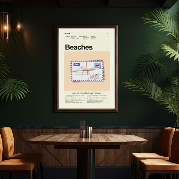 Mid-century modern poster of Beaches movie featuring a stylized house by the beach