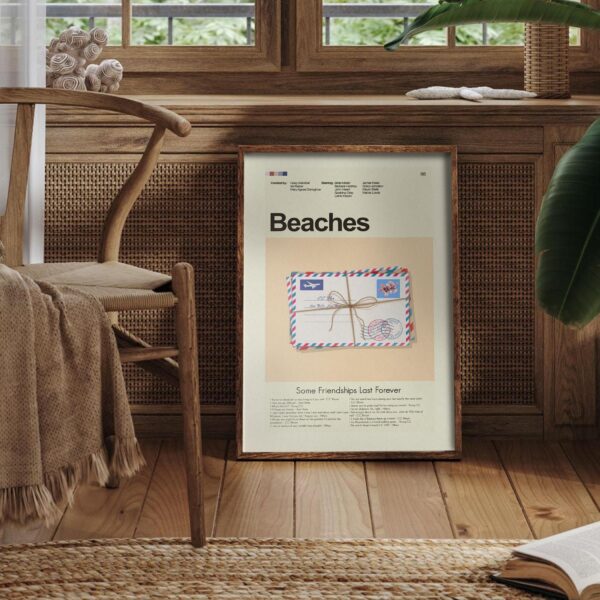 Mid-century modern poster of Beaches movie featuring a stylized house by the beach