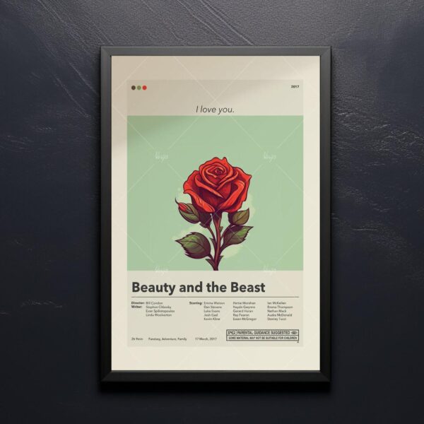 Mid-century modern Beauty and the Beast movie poster with graphic design