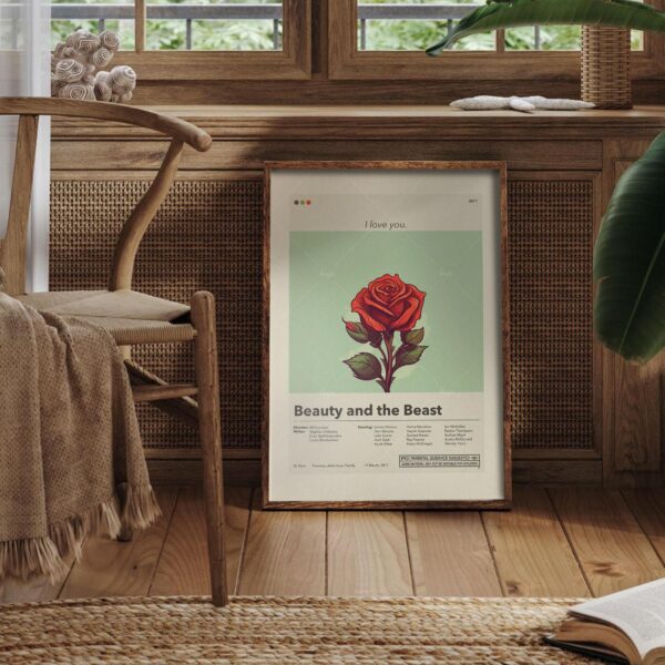 Mid-century modern Beauty and the Beast movie poster with graphic design