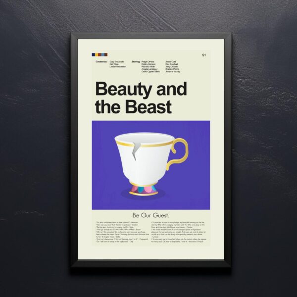 Mid-century modern Beauty and the Beast movie poster with house design