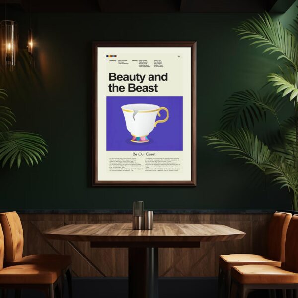 Mid-century modern Beauty and the Beast movie poster with house design