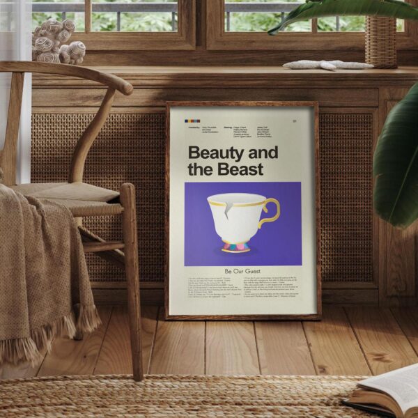 Mid-century modern Beauty and the Beast movie poster with house design