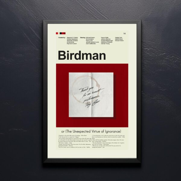 Mid-century modern Birdman movie poster with abstract vintage art style