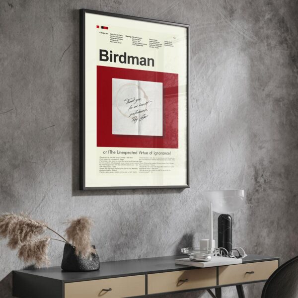 Mid-century modern Birdman movie poster with abstract vintage art style