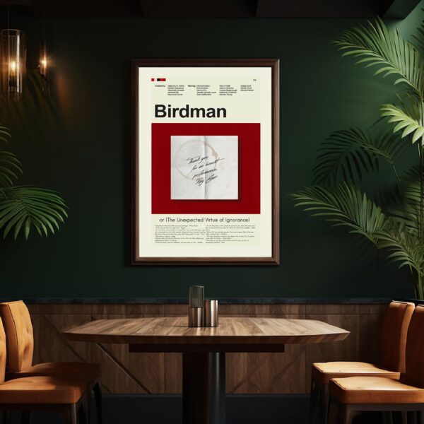 Mid-century modern Birdman movie poster with abstract vintage art style