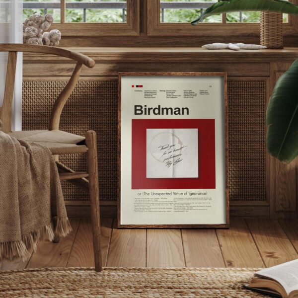 Mid-century modern Birdman movie poster with abstract vintage art style