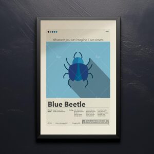 Mid-century modern graphic design poster of Blue Beetle movie in blue tones